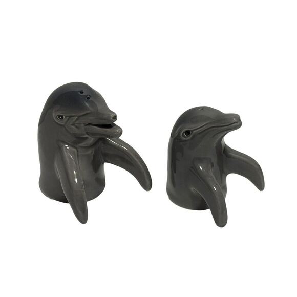 Vintage Mother & Baby Dolphin Salt and Pepper Shaker Set Gray Nautical Ceramic - Picture 1 of 7